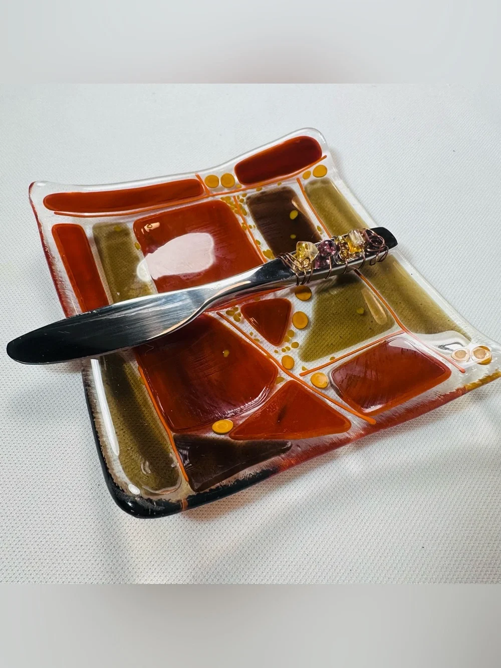 Beautiful Handmade Fused Glass Tray With Wire Wrapped Knife Spreader Fall Colors